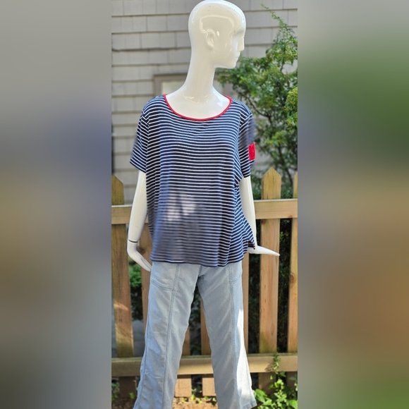 Ralph Lauren Women's Navy and White Striped Tee.  100% Cotton 3X - Picture 1 of 13